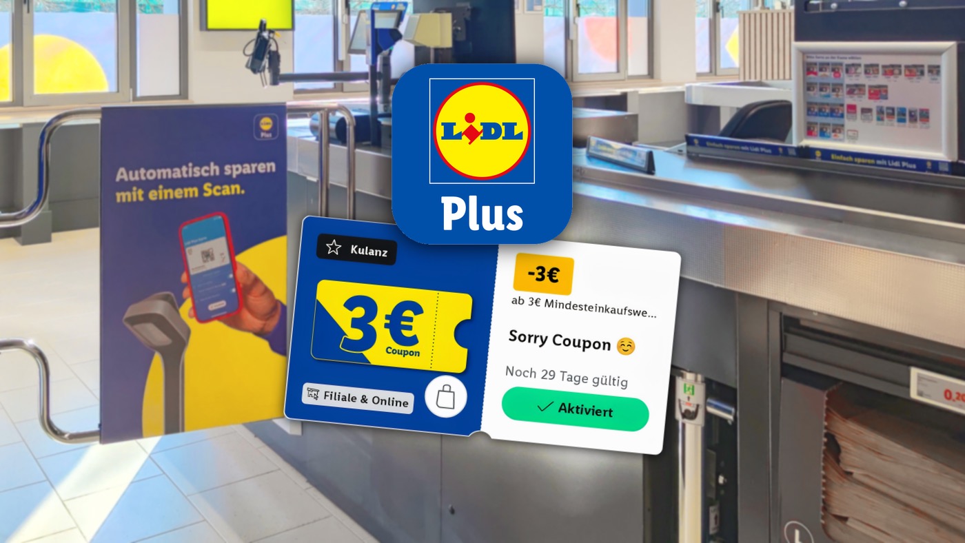 Lidl-Kasse mit Sorry-Coupon-Screenshot in der Lidl-Plus-App
